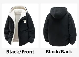 Front and back views of a black corduroy jacket with thick white lamb wool lining and M patch