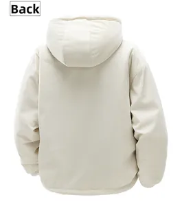 Back view of a beige oversized corduroy hooded jacket with thick windproof fabric