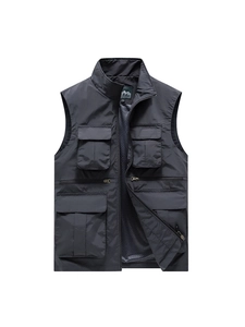 Men's multi-pocket outdoor vest with standing collar and breathable mesh lining in charcoal