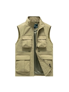 Men's khaki multi-pocket utility vest with stand collar and breathable mesh lining