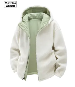 Detail view of winter lamb wool jacket featuring contrast matcha green lining and hood
