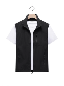 Men's outdoor multi-pocket black fishing vest with zipper pockets and stand collar