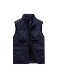 Men's navy outdoor utility vest with multi-pockets, stand collar and zip closure