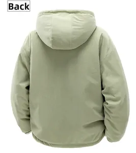 Back view of a hooded corduroy jacket in sage green featuring a vertical ribbed texture