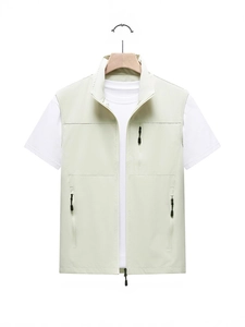 Men's outdoor utility vest in khaki with standing collar and three zippered pockets