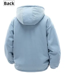 Detailed back view of a loose-fit light blue corduroy hooded jacket with textured fabric