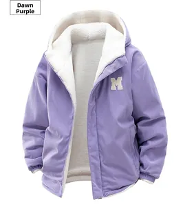 Close-up of purple corduroy jacket with thick white fleece lining and M letter patch