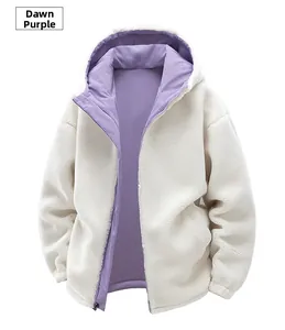 Detail of winter hooded lamb wool jacket with morning purple lining and white fleece texture