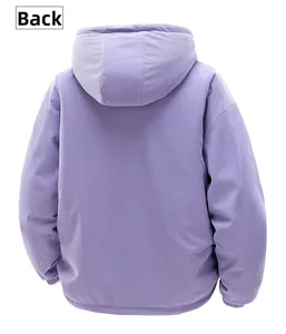 Detail view of the back of a light purple corduroy hooded jacket with thick insulation