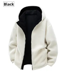 Detail of white lambswool reversible jacket showing black corduroy hood and thick fabric