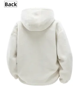 Back view of a white hooded fleece jacket featuring thick sherpa texture and loose fit
