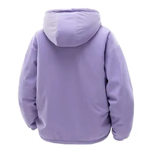 Back view of a light purple oversized corduroy hooded jacket with windproof lining