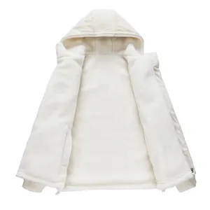Winter hooded lamb fleece jacket with white corduroy outer layer and warm fleece lining