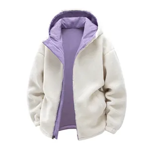 Unisex oversized lamb wool hooded jacket with reversible purple striped lining