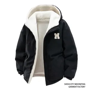Winter fleece-lined hooded jacket for men with M letter patch and contrast white lining