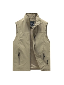 Herren Outdoor Angelweste in Khaki mit mehreren Taschen, Stehkragen und atmungsaktivem Netzfutter