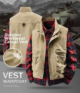 Detail of khaki outdoor cargo vest featuring multi-pockets and breathable mesh fabric