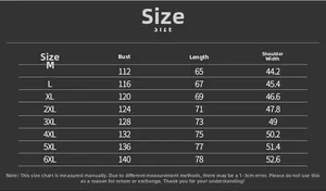 Size chart for outdoor fishing vest showing chest, length, and shoulder specs from M to 6XL