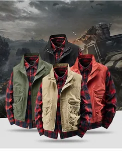 Detail showing multi-pocket cargo vests in four colors for outdoor fishing and hiking
