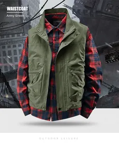 Detail of army green outdoor waistcoat with functional utility pockets and zip closure