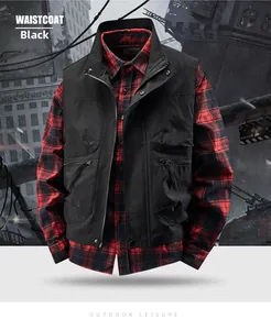 Detail of black tactical outdoor waistcoat with multiple pockets and zipper closure