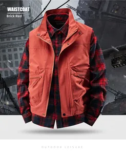 Brick red outdoor waistcoat with multiple zip pockets over a plaid shirt for men