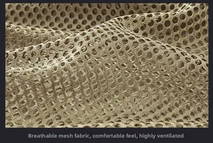 Macro shot of breathable khaki mesh fabric with hexagonal knit for outdoor vests