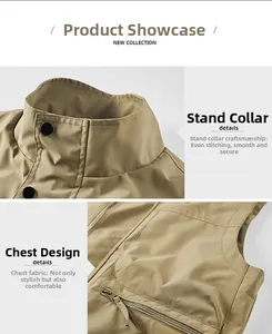 Detail of khaki outdoor fishing vest showing stand collar and zip pocket stitching