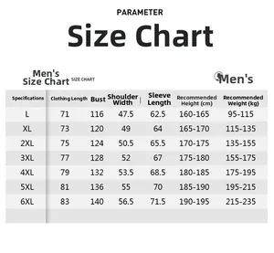 Comprehensive men's size chart for waterproof outdoor jackets from size L to 6XL