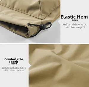 Detail view of the adjustable elastic hem with drawstring on khaki fishing vest