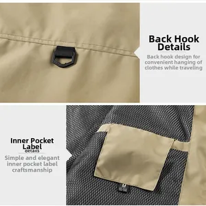 Detail of khaki outdoor vest showing breathable mesh lining and size label M