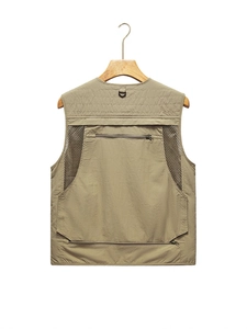 Outdoor multi-pocket cargo vest in khaki with breathable mesh back and zipper pocket