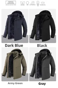 Detail showing winter hooded parkas in four colors with warm fleece lining and care guide