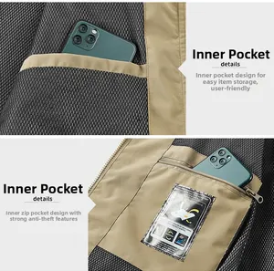 Detail of outdoor fishing vest showing inner mesh lining and secure zipper pocket