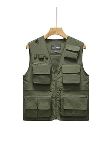 Men's dark green multi-pocket outdoor utility vest with mesh lining and quick-dry fabric