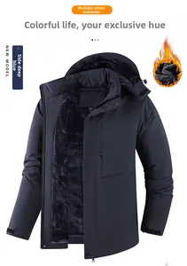Close-up of men outdoor winter jacket showing windproof fabric and warm gray fleece lining