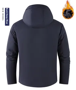 Macro detail of men's waterproof hooded jacket with warm grey fleece lining in dark blue