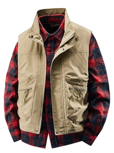 Men Outdoor Cargo Vest Multi-Pocket Waterproof Breathable Stand Collar Fishing Waistcoat Casual Lightweight Sleeveless Top