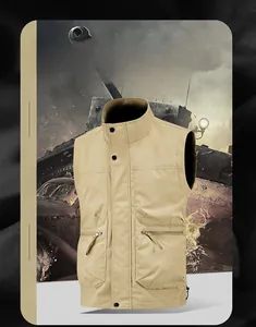 Detail of khaki outdoor utility vest with functional multi-pockets and metal zippers