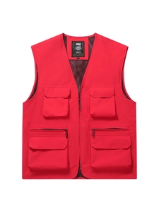 Men's red outdoor fishing vest with multiple pockets and breathable mesh lining
