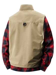 Men's khaki tactical fishing vest with D-ring paired over red flannel shirt back view