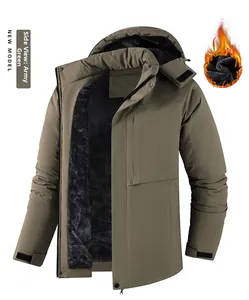 Detail of military green winter jacket with black thickened fleece lining and waterproof fabric
