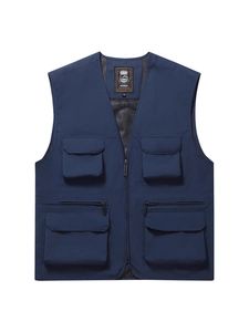 Men's outdoor multi-pocket fishing vest in navy blue with mesh lining and V-neck design