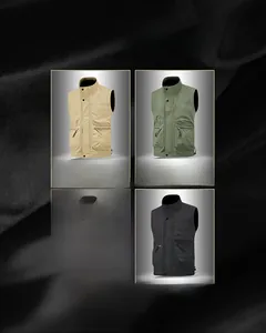Men's outdoor cargo vest featuring multi-pockets, stand collar and adjustable hem