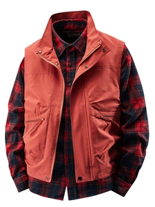 Men's red outdoor fishing cargo vest with zipper pockets over a plaid shirt