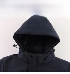 Detailed close-up of hooded collar with drawstrings and fleece lining for outdoor jacket
