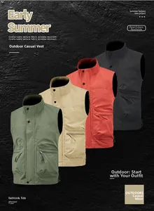 Detail of cargo vests in four colors with multiple pockets and durable fabric texture