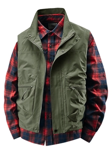 Men's outdoor olive green fishing vest with multi-pockets and plaid cotton shirt