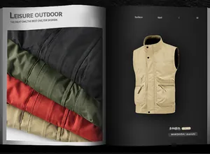 Detail of cargo vest fabric texture and multiple color options in a professional layout