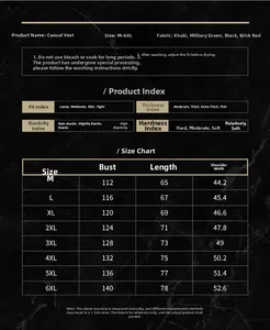 Detailed size chart for men's casual vest including dimensions from M to 6XL and fabric specs